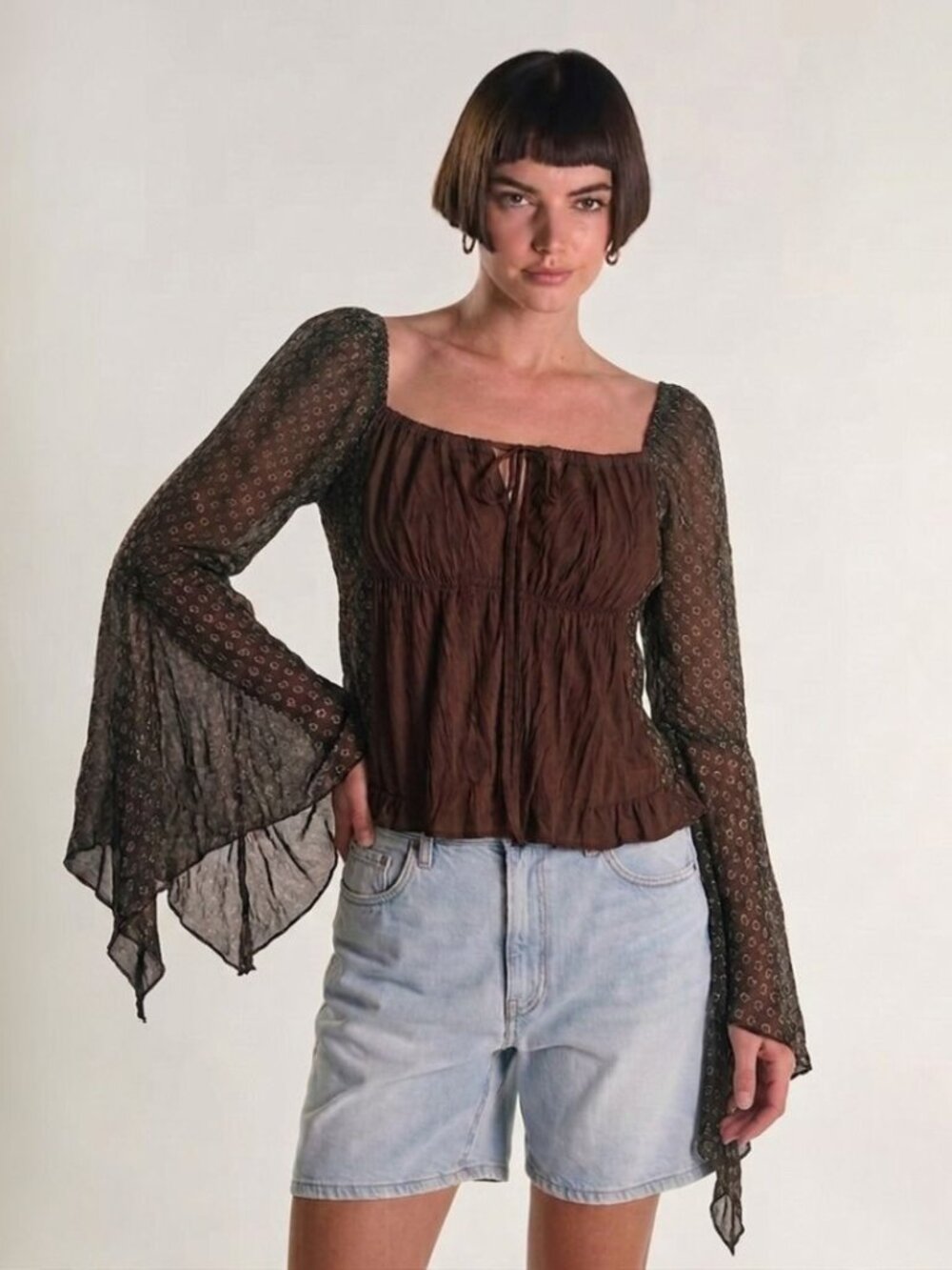 Hallhuber Sagnot Peasant Puff Bell Sleeve Blouse Brown Textured Dot Large 210602